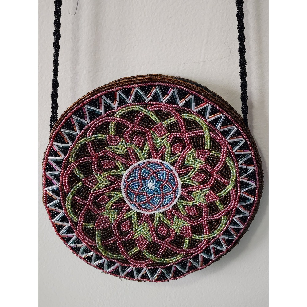 Handmade Beaded Mandala Circle Crossbody Bag Boho Geometric Seed Bead Purse